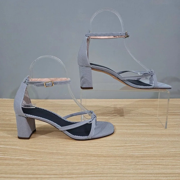 J Crew Sandal Cross Strap Block Heel Blue White Stripe Shoe Womens Size 7 - Picture 4 of 13
